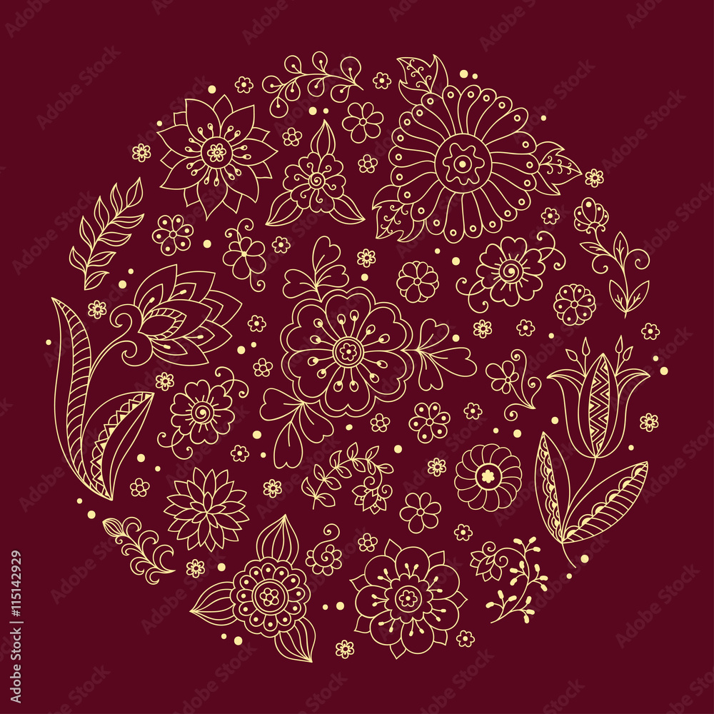 Vector flower pattern. Doodle style, spring floral background.In the form of a circle.
