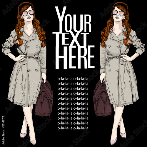 vector illustration of a woman in a retro style wearing a trench coat . copy space