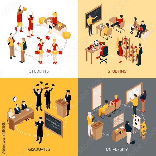 College And University Isometric 2x2 Icons Set