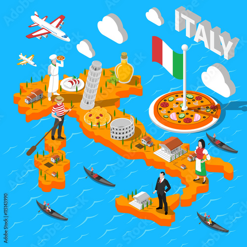 Italy Isometric Sightseeing Map For Tourists