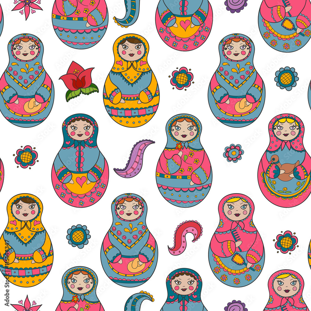 Vector seamless pattern with russian Matryoshka dolls and floral elements