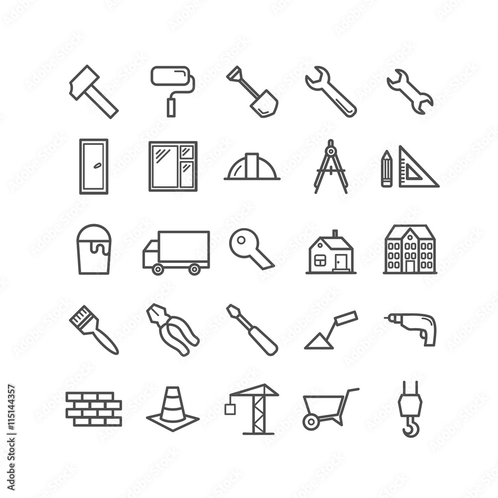 Set of outline construction and building icons. Thin linear icons for web, print, mobile apps Set of outline construction and building icons. Thin linear icons for web, print, mobile apps