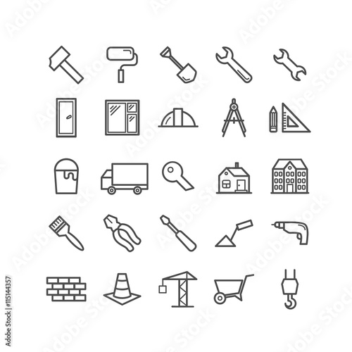 Set of outline construction and building icons. Thin linear icons  for web, print, mobile apps