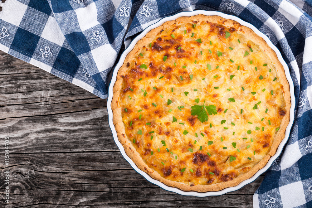 French onion quiche or pie in a gratin dish French onion quiche or pie in a gratin dish