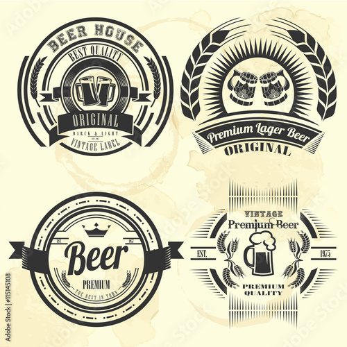Set of labels for beer and alcoholic beverages. Vintage design. Old, dirty paper.