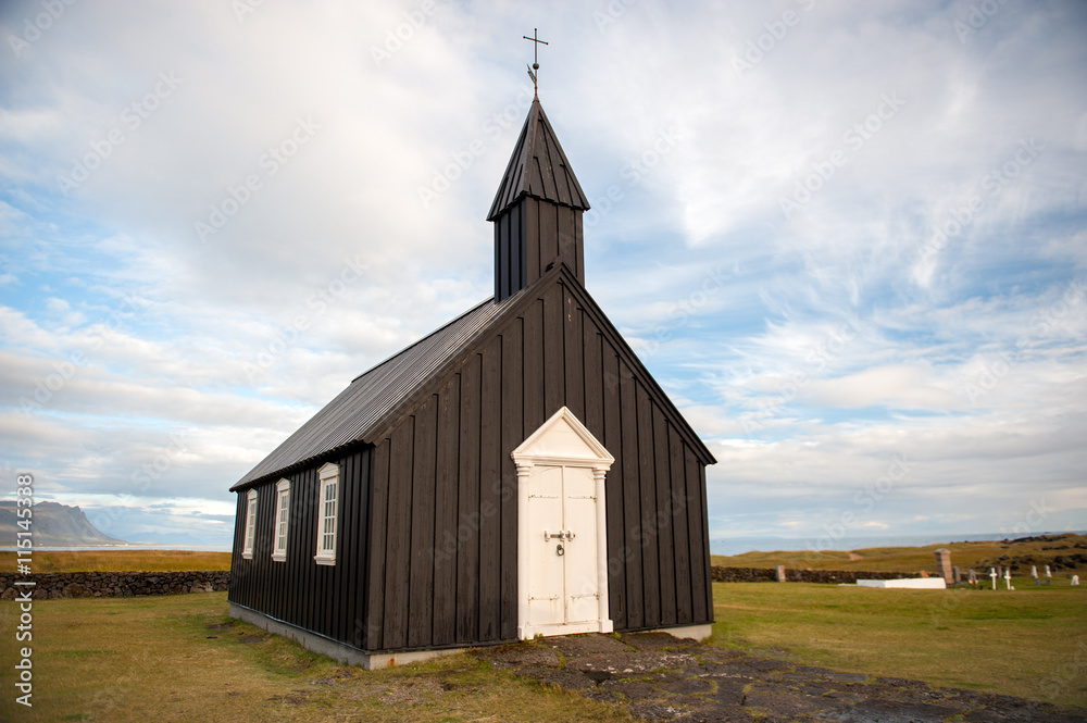 Typical Icelandic black wooden church in Budir, Iceland.