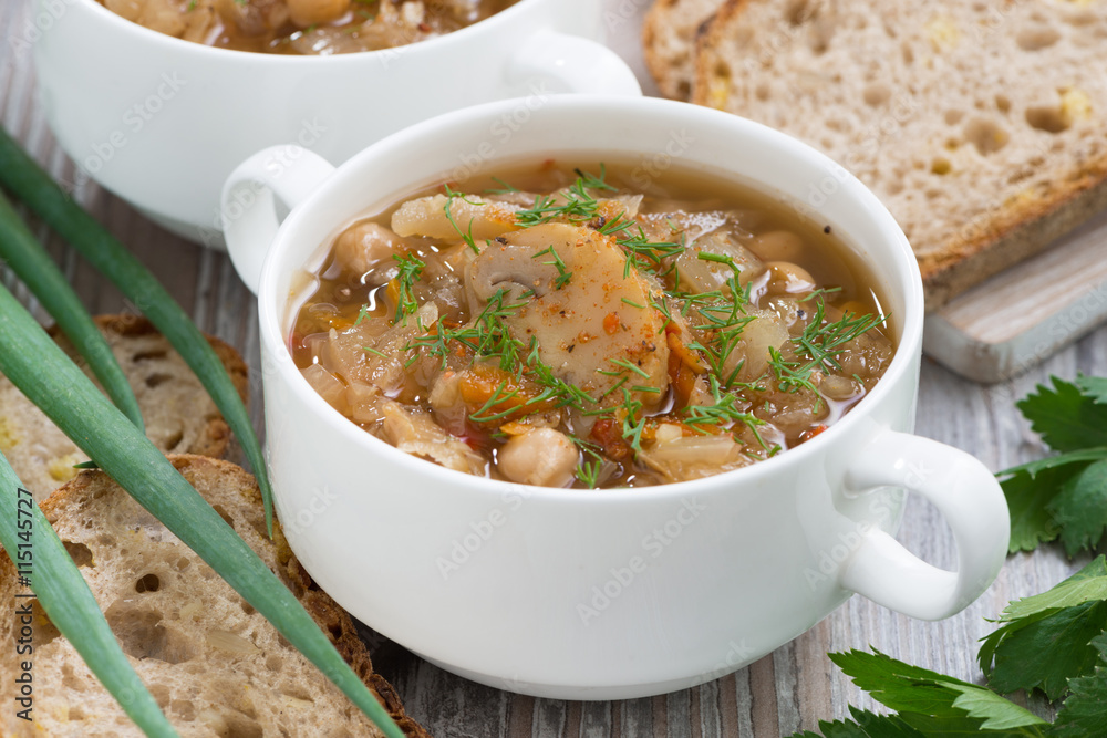 soup with cabbage and mushrooms, closeup soup with cabbage and mushrooms, closeup
