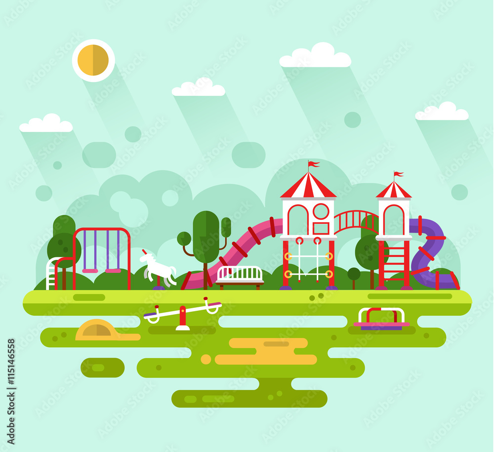 Flat design vector summer landscape illustration of park with kids playground and equipment with swings, slides and tube, carousel and other infographics elements. Amusement park for children.