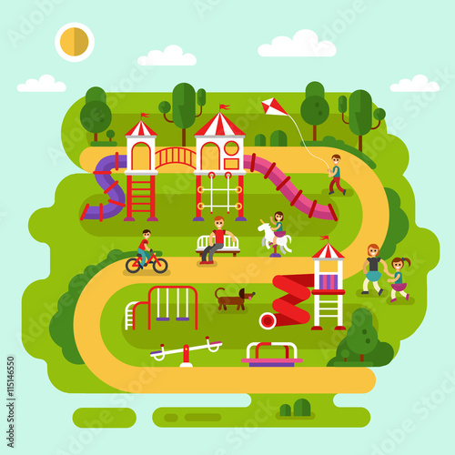 Flat design vector summer landscape illustration of park with kids playground and equipment with swings  slides and tube  carousel. Cyclist  boy with kite  bench. Amusement park for children.