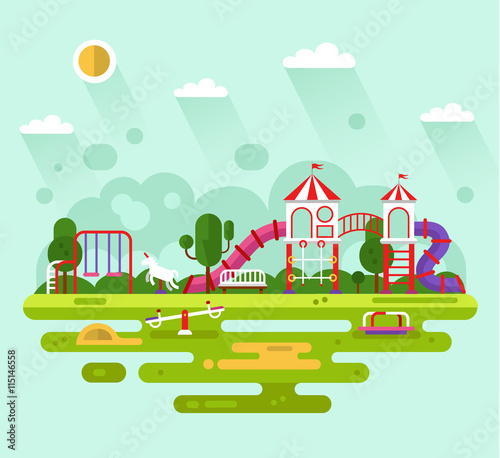 Fototapeta Naklejka Na Ścianę i Meble -  Flat design vector summer landscape illustration of park with kids playground and equipment with swings, slides and tube, carousel and other infographics elements. Amusement park for children.