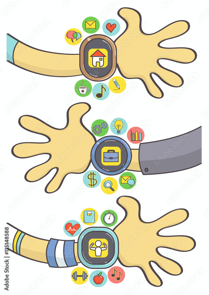 Colorful cartoon illustration of man hand with smart watch with business, sport and lifestyle icons. Set of three smart watch illustrations with icons.