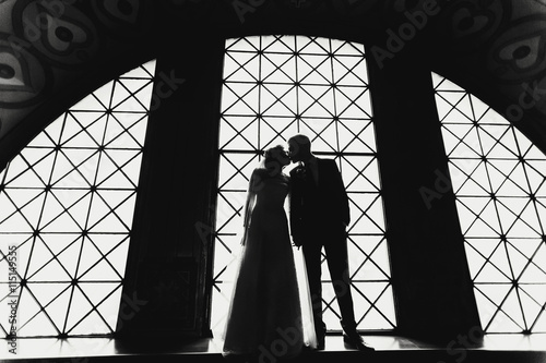 The silhouettes of kissing newlyweds standing in the front of a