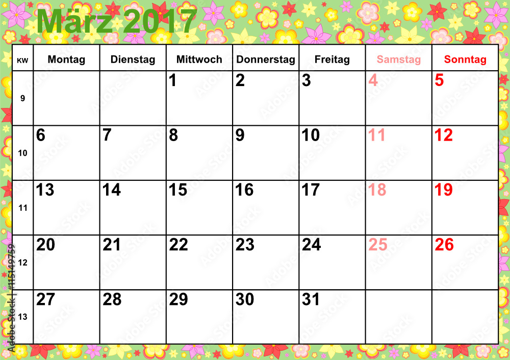 Kalender 2017 Monat März mit Feiertagen für Deutschland auf buntem  Hintergrund mit verschiedenen Blumen Stock Vector | Adobe Stock