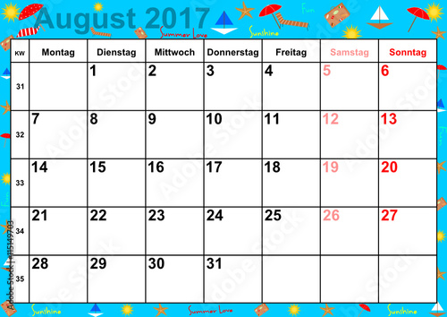 Kalender 2017 Monat August mit Feiertagen für Deutschland auf buntem Hintergrund mit sommerlichen Motiven