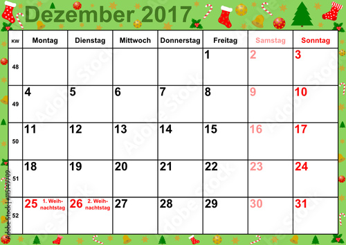 Kalender 2017 Monat Dezember mit Feiertagen für Deutschland auf buntem Hintergrund mit weihnachtlichen Motiven