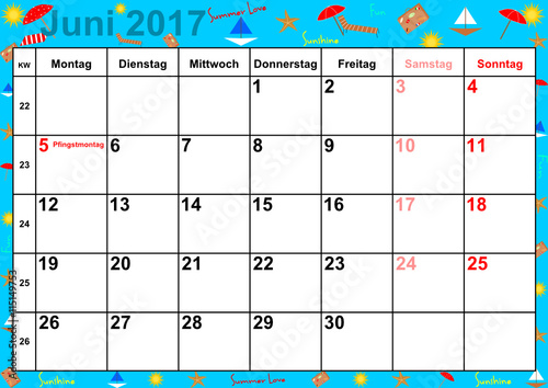 Kalender 2017 Monat Juni mit Feiertagen für Deutschland auf buntem Hintergrund mit sommerlichen Motiven