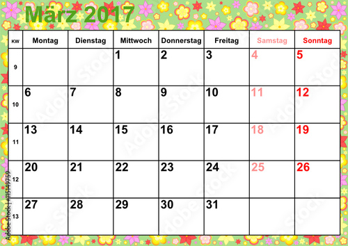 Kalender 2017 Monat März mit Feiertagen für Deutschland auf buntem Hintergrund mit verschiedenen Blumen