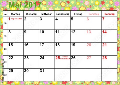 Kalender 2017 Monat Mai mit Feiertagen für Deutschland auf buntem Hintergrund mit verschiedenen Blumen