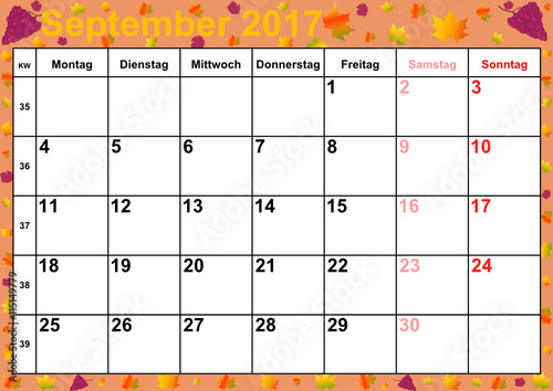 Kalender 2017 Monat September mit Feiertagen für Deutschland auf buntem Hintergrund mit herbstlichen Motiven und roten Weintrauben