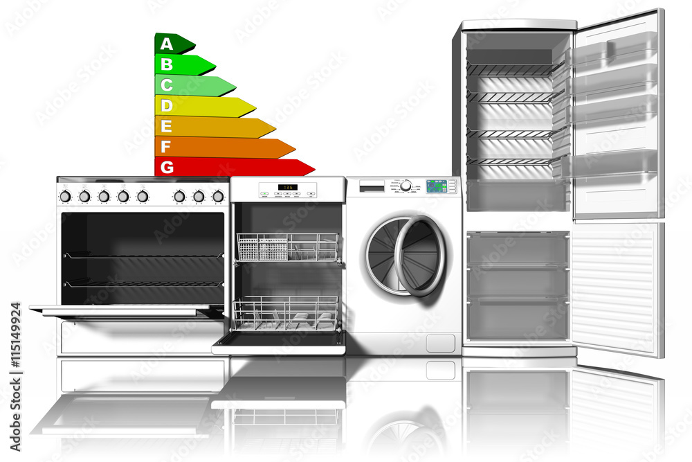 Elettrodomestici. Fornelli, lavastoviglie, lavatrice, frigorifero, con  affiancato simbolo di risparmio energetico Stock-Illustration | Adobe Stock