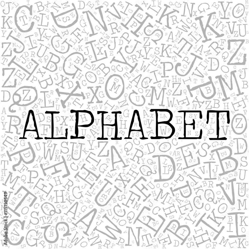 Alphabet theme with letter pattern on the background. Grey vector letters with highlighted word Alphabet in typewriter font on white background.