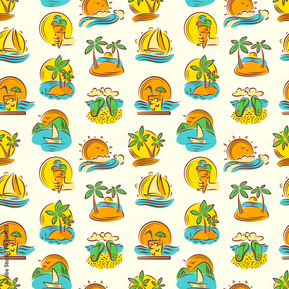 Summer seamless pattern with tropical landscape Summer seamless pattern with tropical landscape