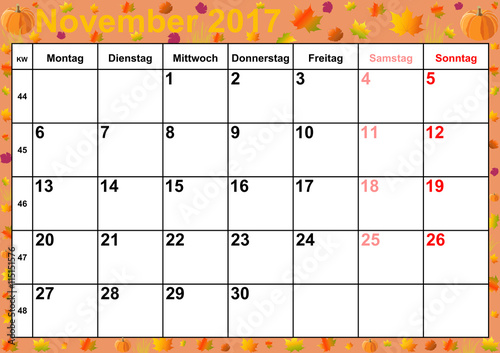Kalender 2017 Monat November mit Feiertagen für Deutschland auf buntem Hintergrund mit herbstlichen Motiven und roten Weintrauben