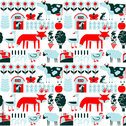  Vector minimalistic seamless pattern with farm and animals