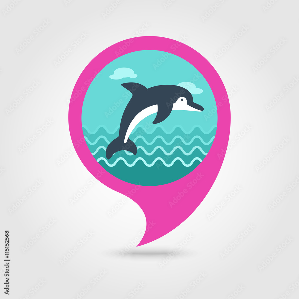 Dolphin pin map icon. Summer. Vacation Dolphin pin map icon. Summer. Vacation
