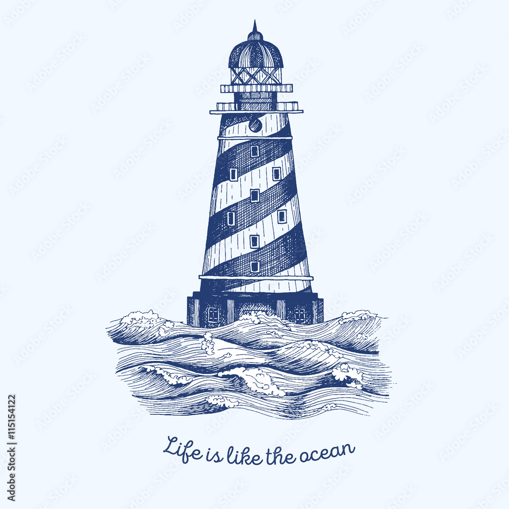 Fotografie Lighthouse in the wave vector illustration, hand drawn ink design