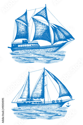 Ships vector set design template. sailboat or frigate icon. Drawn in ink, vintage illustration for design.