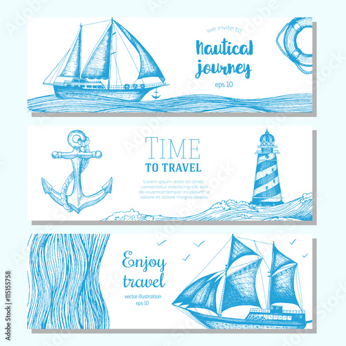 Sea set. Nautical elements horizontal banner collection. Vector illustration drawn in ink.