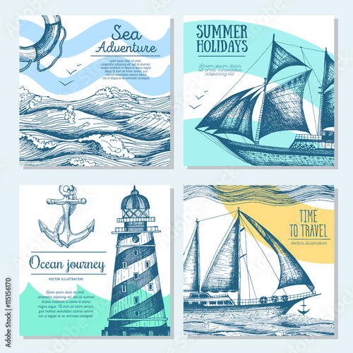 Sea set. Nautical elements banner collection. Vector illustration drawn in ink.