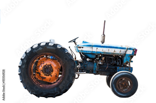 Old rusty tractor, isolated on white background