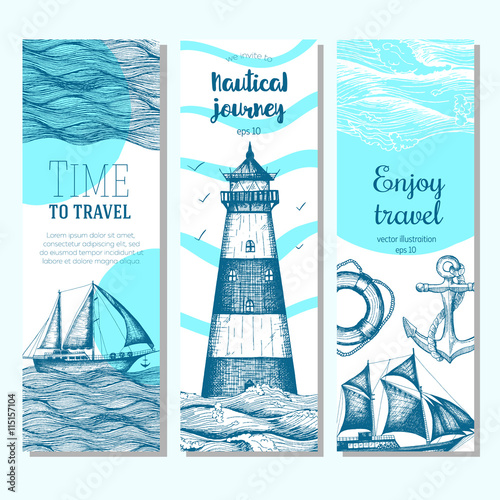 Sea set. Nautical elements vertical banner collection. Vector illustration drawn in ink.