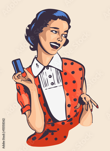 Retro woman with credit card vector pic