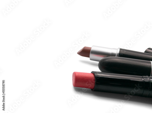 Pink lipstick, selective focus, isolated on white background with copy space