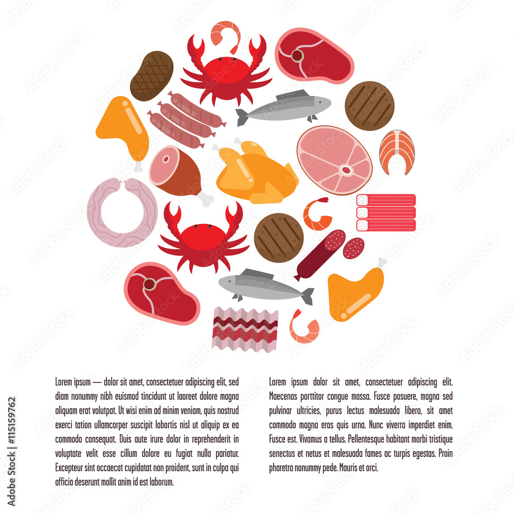 Flat template with meat and fish.