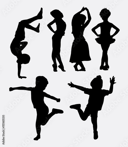 Children dancing silhouette. Male and female kid activity. Good use for symbol, logo, web icon, mascot, sign, sticker design, element, or any design you want. Easy to use.