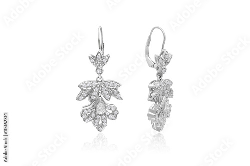 Photo 14 Karat White Gold Vintage Diamond Flower Dangle Earrings