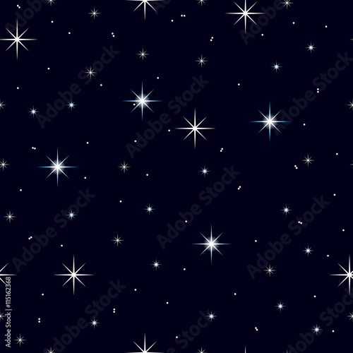 Celestial seamless background with multiple sparkling stars glittering on a dark blue sky in the night