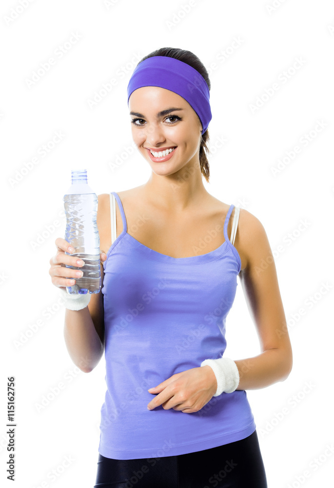 young woman in violet sportswear drinking water, isolated young woman in violet sportswear drinking water, isolated