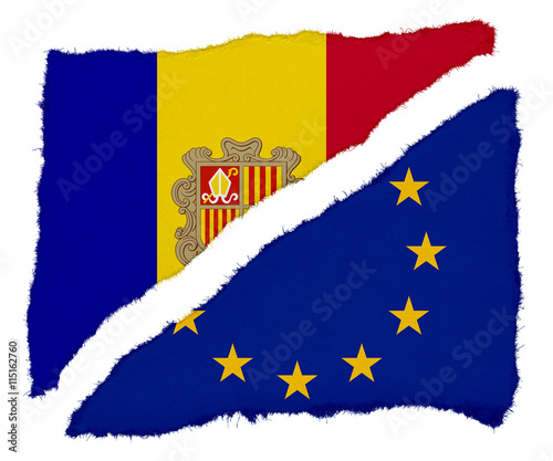 Andorran and EU Flag Torn Paper Scraps Isolated on White Background