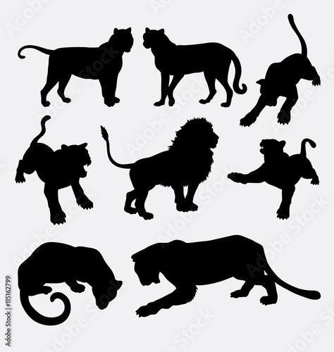 Fototapeta Naklejka Na Ścianę i Meble -  Tiger and lion wild animal silhouette. Good use for symbol, web icon, logo, mascot, game element, sticker design, sign, or any design you want.