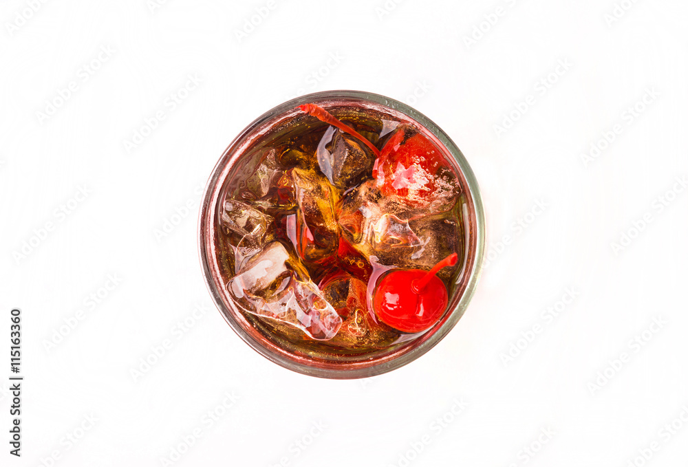Refreshing cold cherry cola on the wooden background