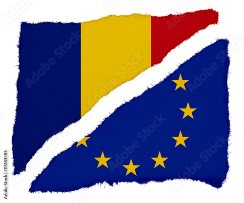 Romanian and EU Flag Torn Paper Scraps Isolated on White Background