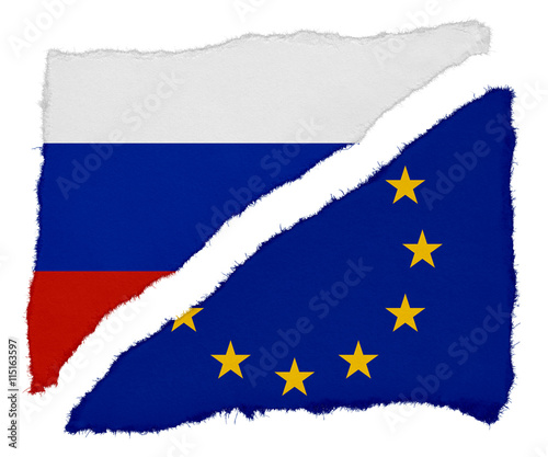 Russian and EU Flag Torn Paper Scraps Isolated on White Background