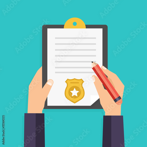 Hand holding clipboard with checklist and pen for police report.