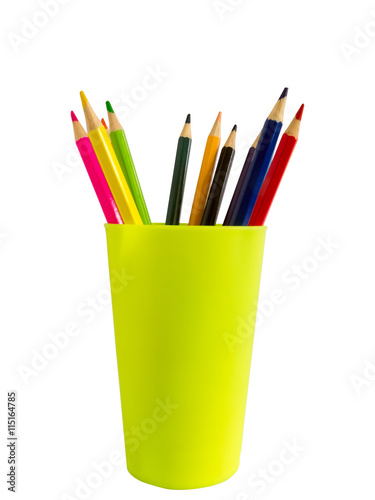 Colored pencils in a plastic glass