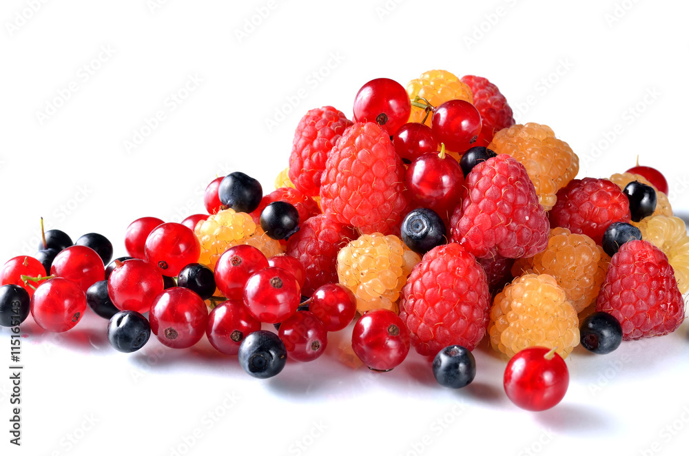 Berry Mix: raspberries, currants and blueberries isolated on whi Berry Mix: raspberries, currants and blueberries isolated on whi